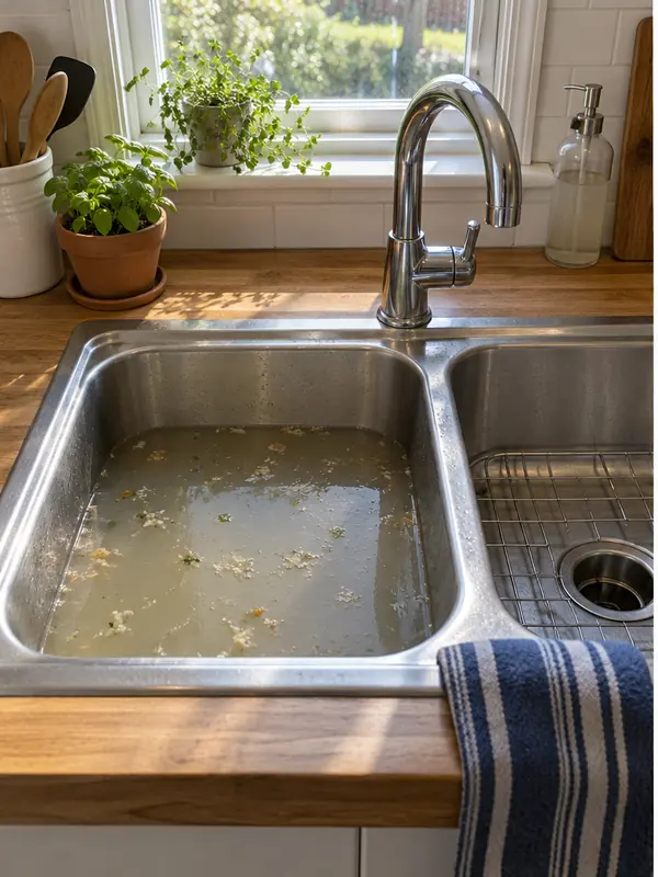 Clogged kitchen sink holding backed-up water before drain cleaning