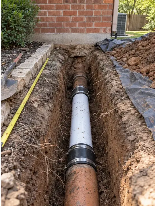 The same sewer trench after a new PVC repair section was installed
