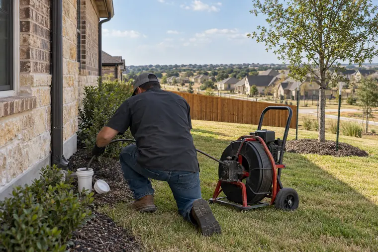 Drain technician working at a newer Buffalo Ridge home in Waxahachie