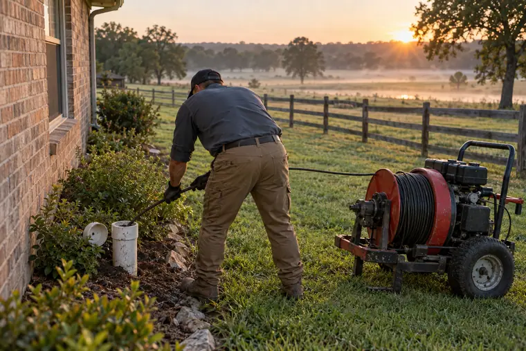 Technician clearing a septic line at a Garden Valley Waxahachie property