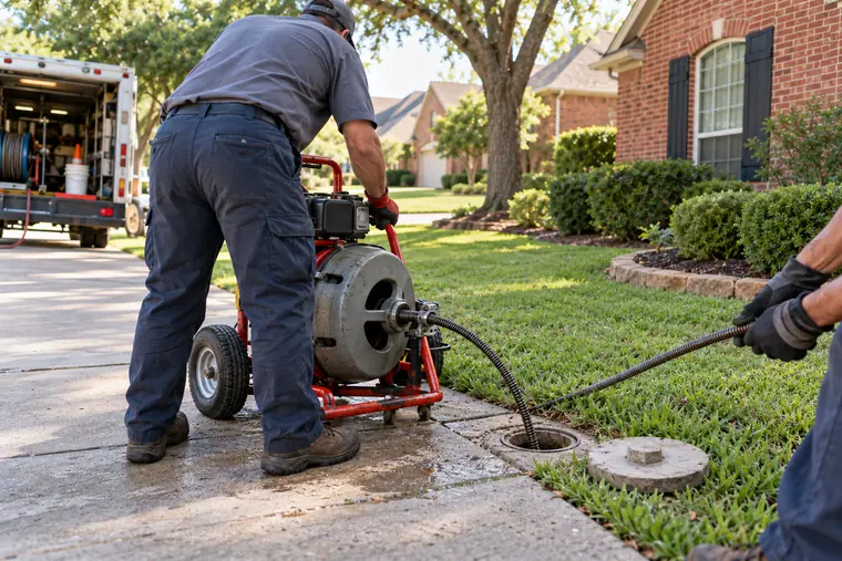 Drain cleaning technicians working at a Red Oak Texas home