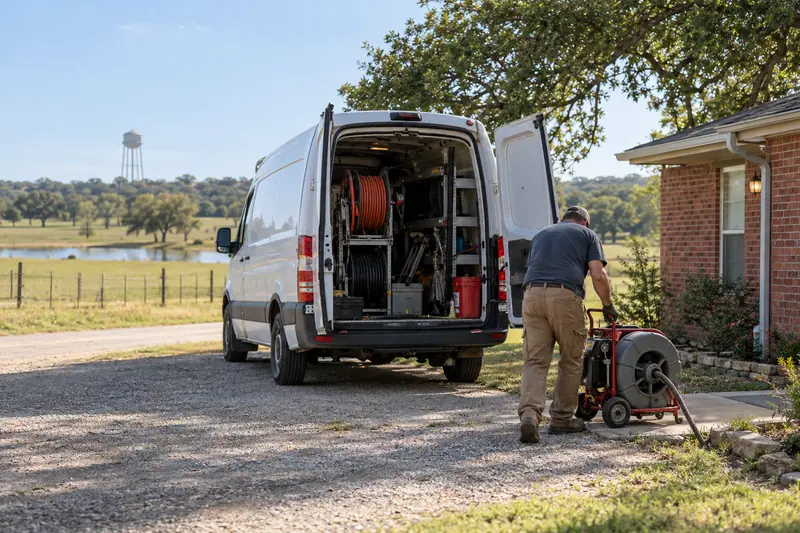 Drain service technician unloading equipment at an Ellis County, TX home